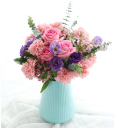 爱的天堂-5枝苏醒玫瑰、4枝紫桔梗、16枝粉康乃馨