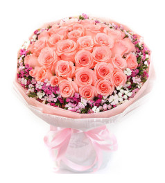 粉色佳人--33支精品粉玫瑰，外围搭配适量红色石竹梅
