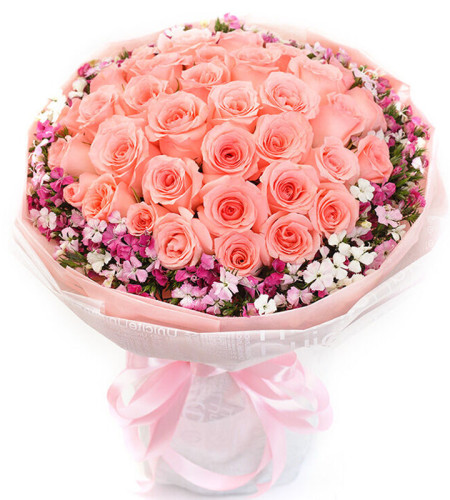 粉色佳人--33支精品粉玫瑰，外围搭配适量红色石竹梅
