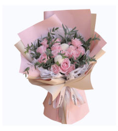 粉色星空--19枝粉红雪山玫瑰，乒乓菊尤加利叶搭配