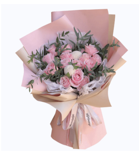 粉色星空--19枝粉红雪山玫瑰，乒乓菊尤加利叶搭配