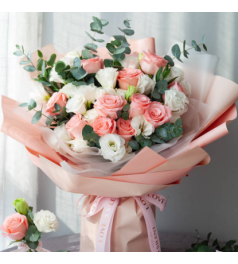 浪漫满天--戴安娜粉玫瑰11枝、3头或以上白色洋桔梗5枝、大叶尤加利10枝