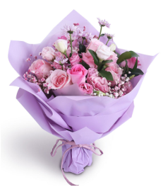紫色花开-- 11支粉玫瑰，搭配3支粉色洋桔梗、2支浅紫色小雏菊