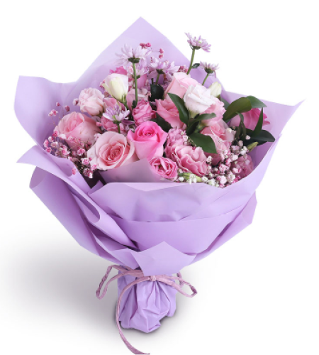 紫色花开-- 11支粉玫瑰，搭配3支粉色洋桔梗、2支浅紫色小雏菊
