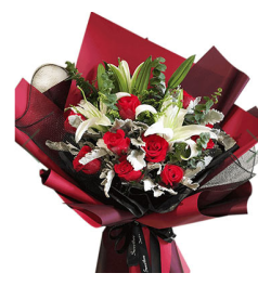 命中注定--11枝红玫瑰，2枝多头（6-8朵）白色香水百合，搭配银叶菊，尤加利叶