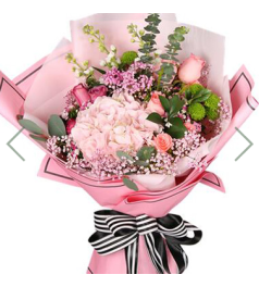 粉色爱恋--1枝粉色绣球，7朵粉玫瑰，5朵紫玫瑰