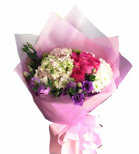 幸福瞬间--苏醒粉玫瑰11枝,1枝粉绣球、紫色龙胆、白色雏菊、绿色扣菊