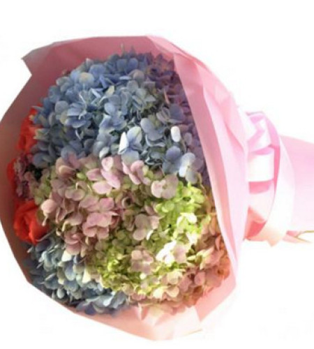 永远爱你--粉玫瑰9枝，粉绣球1枝，蓝绣球1枝