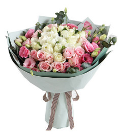 爱的眼神--白玫瑰22枝，粉佳人粉玫瑰14枝，粉色桔梗5枝