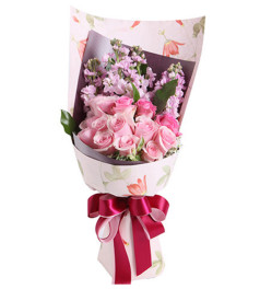 缱绻--粉色紫罗兰5枝，粉佳人11枝玫瑰，苏醒玫瑰3枝