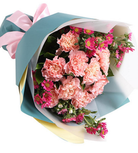 暖暖情意--粉色康乃馨16枝,迷你菊3枝，栀子叶1扎