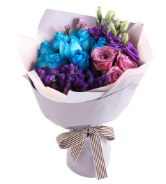 美妙时刻--蓝玫瑰(昆明产,人工染色)9枝，紫玫瑰3枝，紫色桔梗3枝