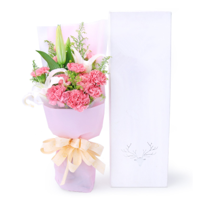 母爱的繁花--11枝粉色康乃馨，1枝多头白百合，搭配适量黄莺草
