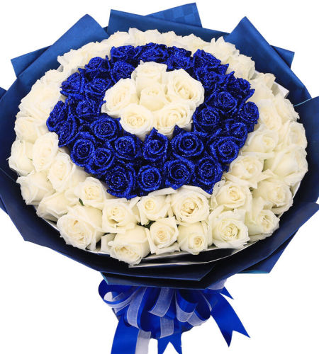 蓝与白--99枝精品蓝色玫瑰、白色玫瑰混搭