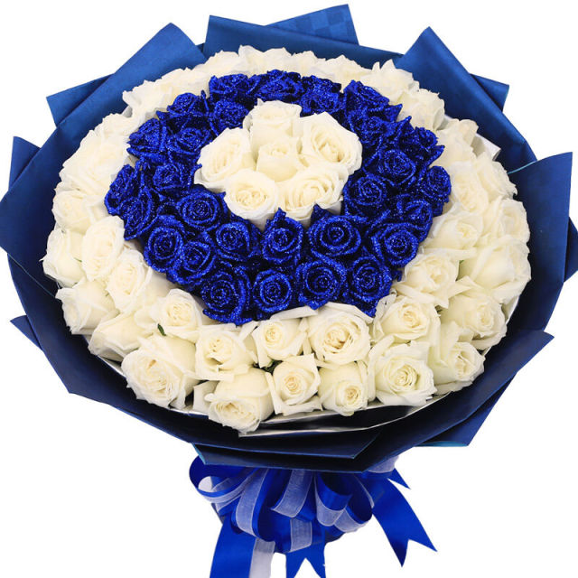蓝与白--99枝精品蓝色玫瑰、白色玫瑰混搭