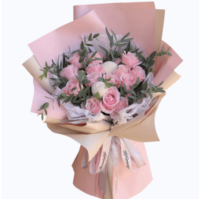 粉色星空--19枝粉红雪山玫瑰，乒乓菊尤加利叶搭配