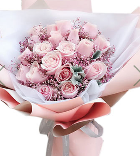 粉佳人--19枝粉佳人玫瑰，搭配银叶菊,粉色满天星，