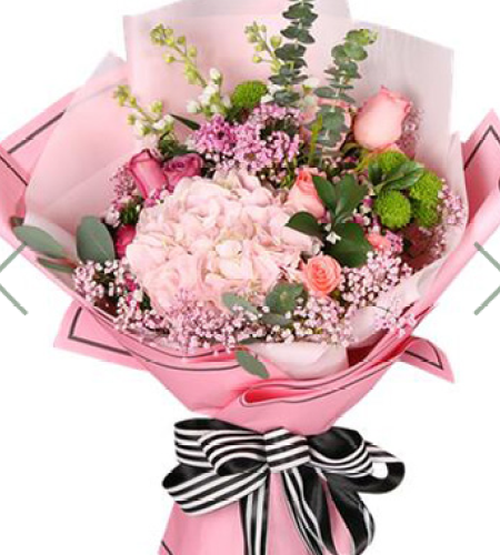 粉色爱恋--1枝粉色绣球，7朵粉玫瑰，5朵紫玫瑰