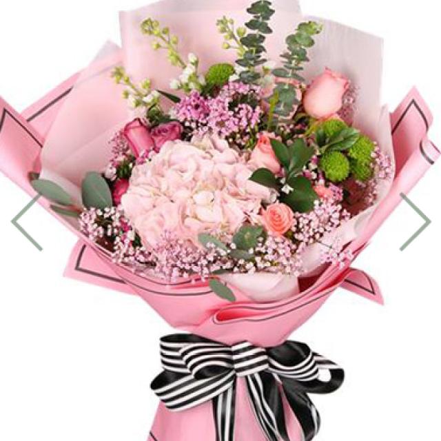 粉色爱恋--1枝粉色绣球，7朵粉玫瑰，5朵紫玫瑰