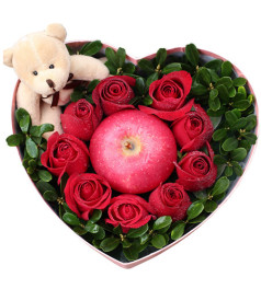 圣诞花盒A--9枝红玫瑰＋1个红苹果＋1个公仔
