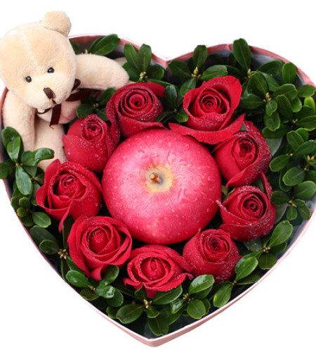 圣诞花盒A--9枝红玫瑰＋1个红苹果＋1个公仔