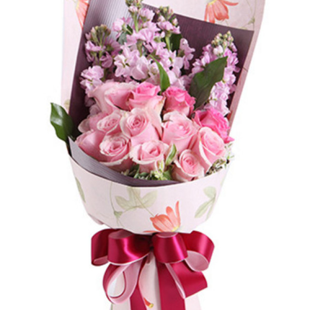 缱绻--粉色紫罗兰5枝，粉佳人11枝玫瑰，苏醒玫瑰3枝
