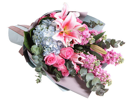 简单爱--苏醒玫瑰5枝，粉色百合2枝，蓝色绣球1枝