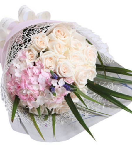 爱的礼物--芬德拉白玫瑰13枝，粉色绣球1枝