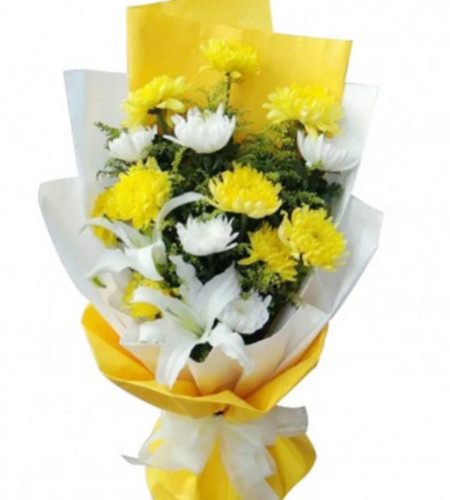 清明节花束A--白菊花＋黄菊花共计16朵，2枝白百合