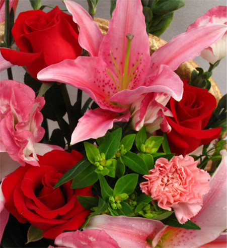 印记--康乃馨6枝，红玫瑰7枝，多头粉香水百合2枝